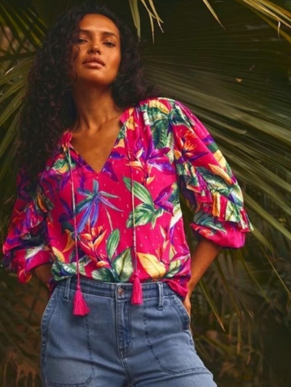 Chico's Hot Pink Tropical V-Neck Tassel Blouse